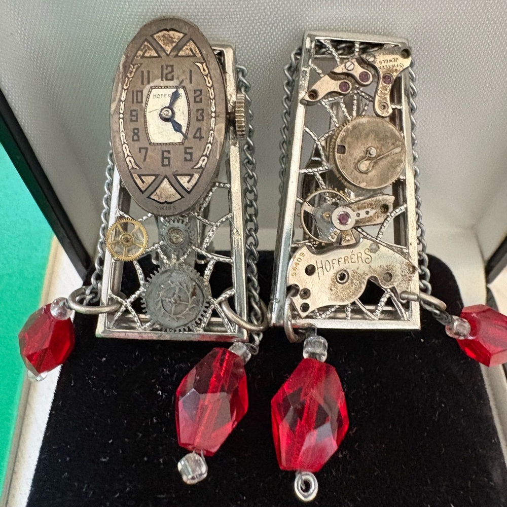 Judy Lee Steampunk Red and Silver watch parts Earrings